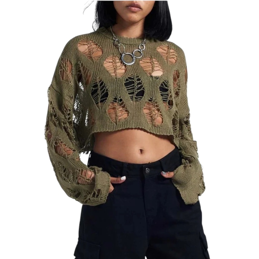 Edikted Grunge Fairy Open Knit Fisherman Crop Sweater Olive Green Womens Size XS